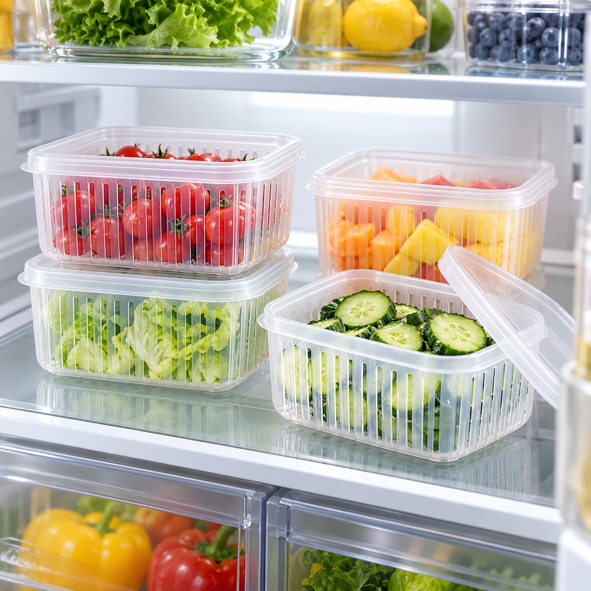 Food Storage Containers With Drain Basket – 4 Pack Produce Keeper For Fruits & Vegetables