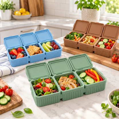 3 Compartment Silicone Food Storage Container – Divided Snack Box With Lid