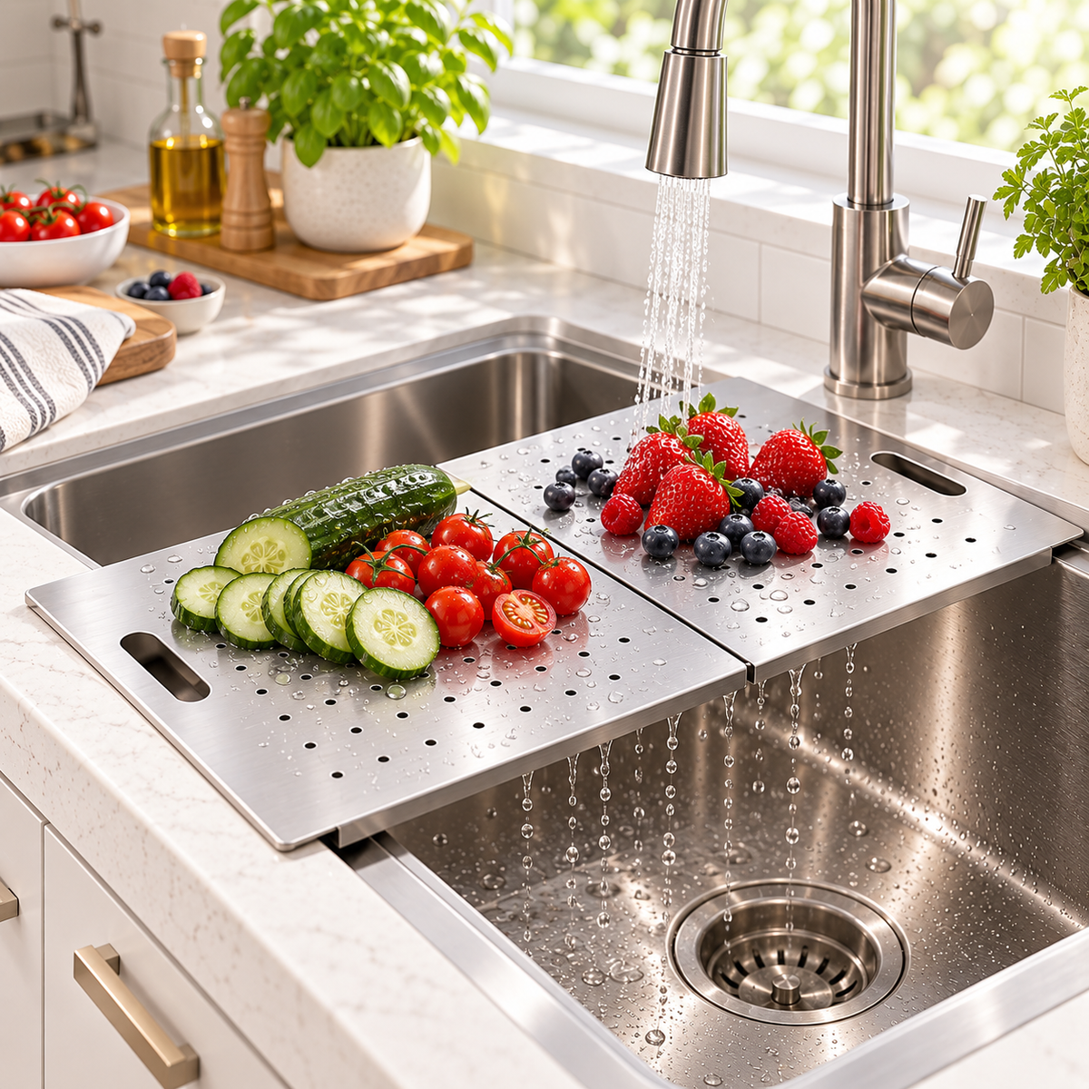 Expandable Over Sink Cutting Board – Stainless Steel Kitchen Prep Board
