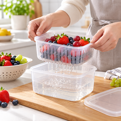 Food Storage Containers With Drain Basket – 4 Pack Produce Keeper For Fruits & Vegetables