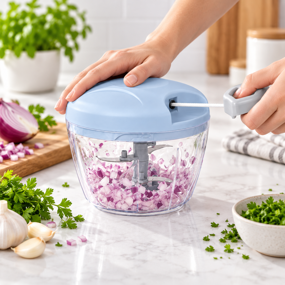 Manual Food Chopper – Pull String Vegetable Cutter For Quick Kitchen Prep