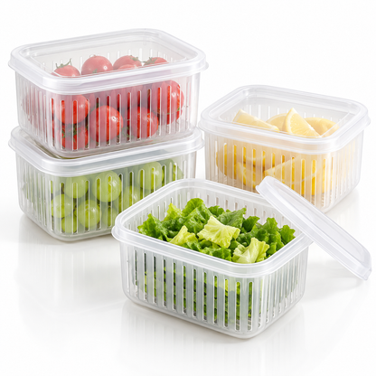 Food Storage Containers With Drain Basket – 4 Pack Produce Keeper For Fruits & Vegetables