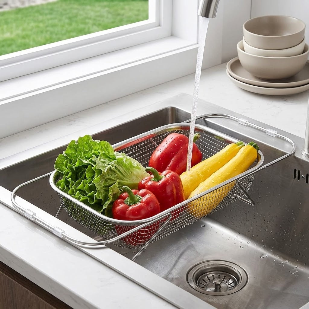 Expandable Over Sink Colander – Stainless Steel Kitchen Drain Basket